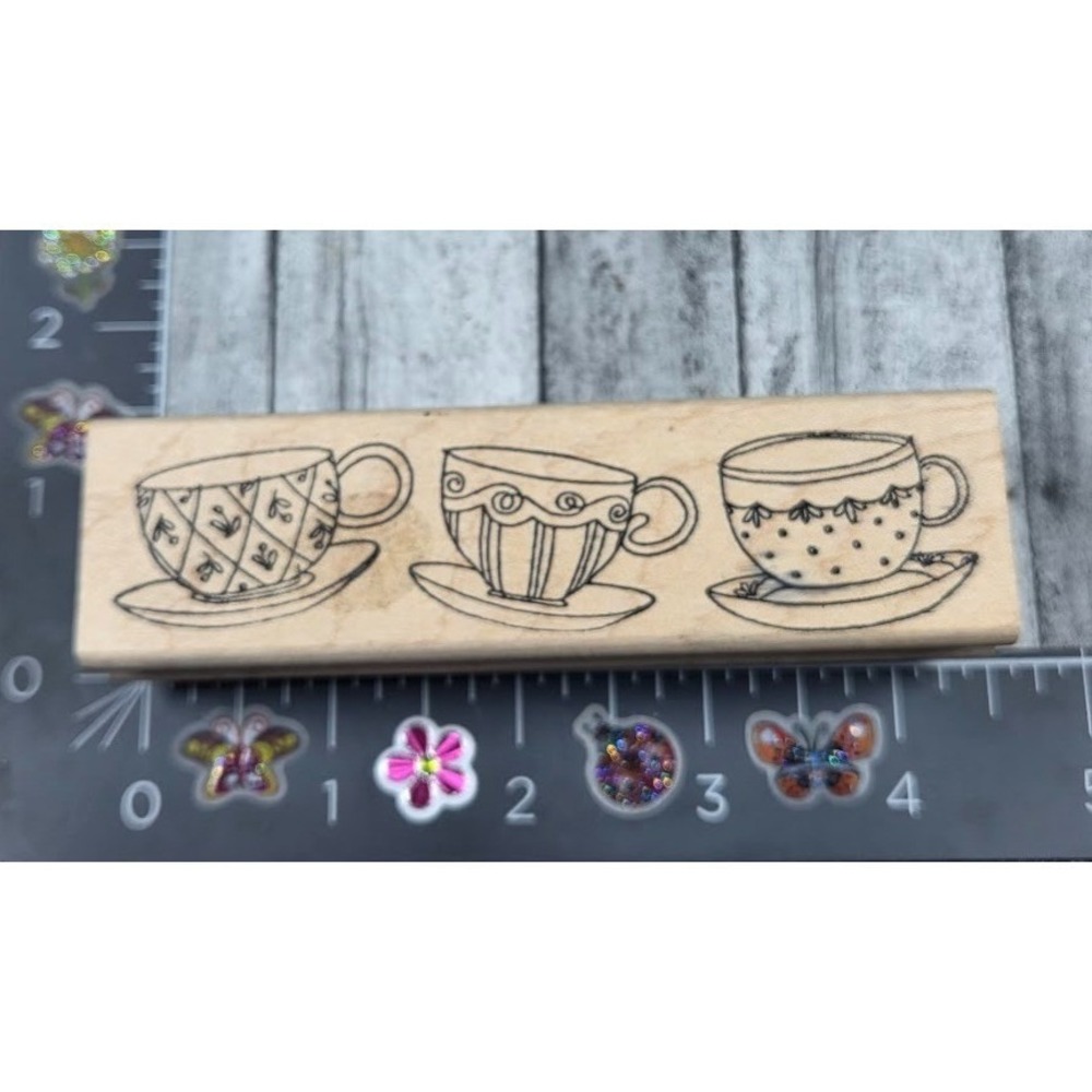 Teacup Border Trio Saucers Cups Rubber Stamp #R13